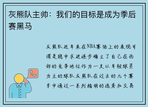 灰熊队主帅：我们的目标是成为季后赛黑马